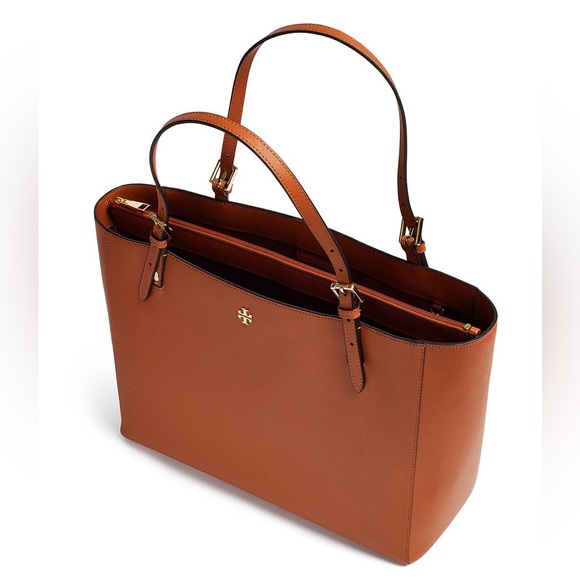 Tory Burch Emerson Small Buckle Tote Saffiano Leather Camel Brown with Dust Bag - Picture 2 of 12